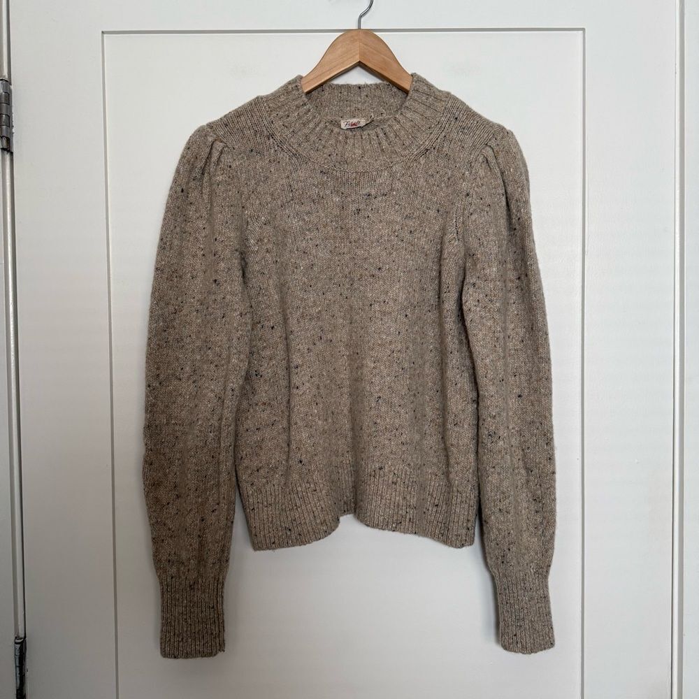 Faherty Oatcake Boone Sweater Womens Sz L Puff Sleeve Merino Wool Alpaca Blend